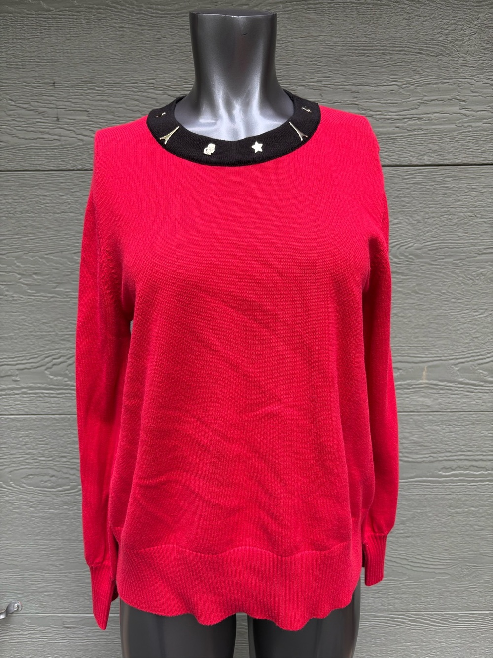 Karl Lagerfeld Red Crewneck Sweater with Black Embellished Collar